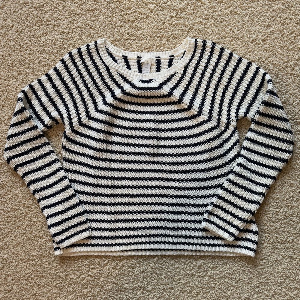 CHICOS Striped Navy Blue and White Sweater Size 1 Medium